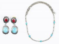 Superb Secatero Sterling Silver Drop Earrings with Campitos Turqouis and Vibrant Coral Cabochons plus a Necklace with Campitos T