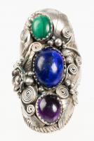 Dramatic Native American Sterling Silver Ring Having Cabochons of Amethyst, Lapis and Malachite.