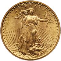 1908 $20 St. Gaudens. No Motto PCGS MS63