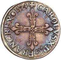 France. Charles X, Cardinal De Bourbon (1589-1590). Silver Â¼ Ecu, 1594 - 2