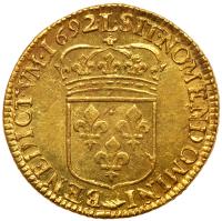 France. Louis XIV (1643-1715). Gold Louis d'or a l ecu, 1692-L (Bayonne) - 2