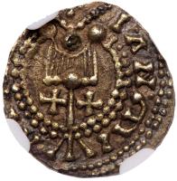 Great Britain. Anglo-Saxon. East Anglia, Ãthelwald, 654-663. 'Oath Taking' Gold Thrymsa Shilling, 1.24 g, c. 655-665. - 2
