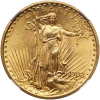 1908 $20 St. Gaudens. No Motto NGC MS64