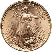 1908 $20 St. Gaudens. No Motto NGC MS66