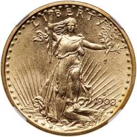 1908-D $20 St. Gaudens. No Motto NGC MS64