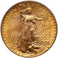 1908-D $20 St. Gaudens. Motto PCGS MS64