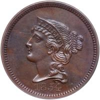 1854 Pattern Cent. Bronze, plain edge. Judd-161. Pollock-187