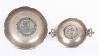 Worldwide. Pair of Silver Dishes with Great Britain 1935 Crown and 1969 Investiture Medal of Prince Charles