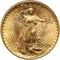 1908 $20 St. Gaudens. No Motto NGC MS63