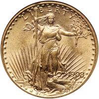 1908 $20 St. Gaudens. No Motto NGC MS62