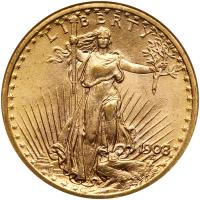 1908-D $20 St. Gaudens. No Motto NGC MS63