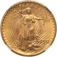 1908 $20 St. Gaudens. No Motto NGC MS64