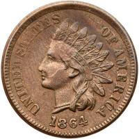 1864 Indian Head 1C. Bronze, with L AU50