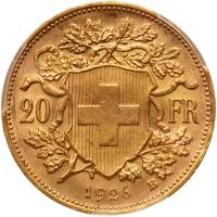 Switzerland. 20 Francs, 1926-B PCGS MS64 - 2