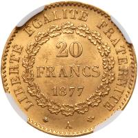 France. 20 Francs, 1877-A NGC MS64 - 2