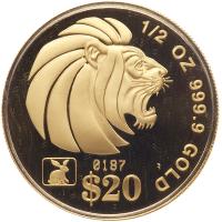 Singapore. 20 Dollars Proof Gold Lion Coin, 1999 Brilliant Proof