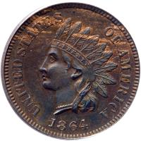 1864 Indian Head 1C. Bronze, with L PCGS MS63 BR