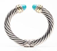 David Yurman Sterling Silver Cable Cuff Bracelet with Persian Turquoise Cabochons and 14K Yellow Gold Trim