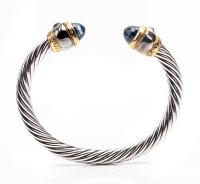 David Yurman Sterling Silver Cable Cuff Bracelet with 14K Yellow Gold Trim and Blue Faceted Topaz Cabochons