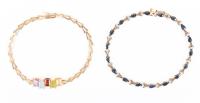 Ladies 14K Yellow Gold Bracelets: One with 18 Tear Drop Shaped Sapphires and Accent Diamonds. One with 5 Semi-Precious Stones