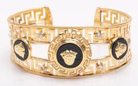 Ladies 18K Yellow Gold Meander or Greek Key Styled Cuff with Four Accent Diamonds Bringing Sparkle to the Goddesses Set in Onyx