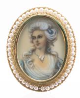 Outstanding Painted Portrait Brooch/Pendant in 18K Yellow Gold Set in a Beautiful Bezel Enhanced with Seed Pearls