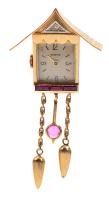 Ladies 18K Antique Royce Clock Brooch with Pink Sapphires and Single Diamond Accent. Boasting Exquisite Craftsmanship.