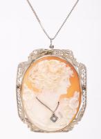 Choice Shell Cameo set in 14K White White Gold Mount with Accent Diamond within Cameo. Worn as Brooch or Pendant with 14K Chain