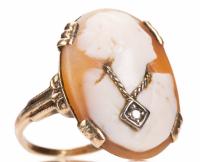 Ladies Antique Shell Cameo Ring with Goddess Wearing Diamond Pendant Necklace