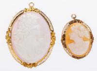 Pair of Ladies Soft Pink and Salmon Shell Cameos Each Set in Elaborate 10K Yellow Gold Bezels. Both can be Worn as Brooches or P