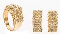 Lovely Pyramidal Shaped Ring and Matching Earrings in 14K Yellow Gold and Accent Diamonds.