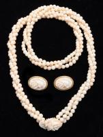 Ladies Lovely Angel Skin Coral Bead, Triple Twist Necklace with Matching Post Earrings in 14K Yellow Gold