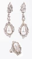 Ladies Vintage Ensemble of Dramatic Drop Earrings in 10K White Gold, Mabe Pearls and Accent Diamonds Totaling 2 Carats & Matchin