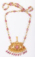 Extremely Colorful Necklace from India with a Large 18K Yellow Gold Filigree Charm with 6 Polki Diamonds and Glass Beads