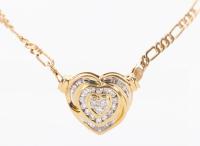 Ladies 14K Yellow Gold Necklace Centered with a Triple Heart Charm Pendant with Baguette and Round Brillian Cut Diamonds