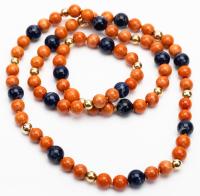 Ladies Coral, Lapis and 14K Yellow Gold Bead Necklace of Fine Quality