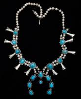 Ladies Sterling Silver Squash Blossom Necklace with Especially Fine Turquoise Cabochons in Gorgeous Blues