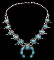 Ladies Traditional, Sterling Silver and Nevada Turquoise Squash Blossom Necklace