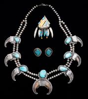 Vintage Sterling Silver Squash Blossom Turquoise and Claw Necklace ca. Early 1970s and Quite Fine. Also Included are Complimenti