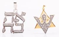 Two (2) 18K White and Yellow Gold Jewish Pendants: Star of David and Ahava Enhanced with CZ