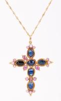 Ladies Italian 14K Yellow Gold Pink and Blue Sapphire Cross with 14K Yellow Gold Chain