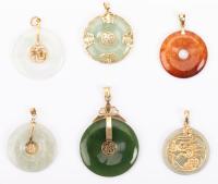 Ladies Jade/Nephrite Pendants, Six Total with 14K Yellow Gold Mounts and Bails