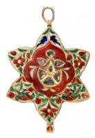 Unusual Mughal Style Star of David Pendant in 18K Yellow Gold Trim/Bezel Exceptional Enamel Work and 5 Polki Accent Diamonds