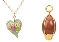 Ladies Pendants Two Fun Casual Drops; Goldstone in 14K Yellow Gold Mount and Jade Glass Heart with Gilt Gold and Foliate Designs