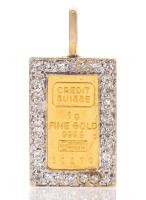 Ladies Pure .999 Gold Credit Suisse 1g "Ingot" Pendant with Bezel Surrounded by White Accent Diamonds. Very Popular