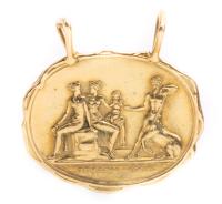 Men's or Ladies 18K Gold, Hand Cast Replica Pendant of a Greek Mythological Scene of Three Goddesses and a Centaur.