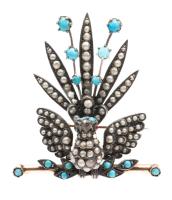 Ladies Antique Victorian Sterling Silver and Gilt Bird Pin of Persian Turquoise, Seed Pearls and Two Pink Sapphires