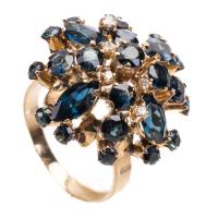 Ladies 10K Yellow Gold Dinner Ring having a Domed Floral Motif of Sapphires and 6 Accent Diamonds