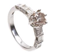 Ladies 18K White Gold and One Carat Rose Cut Diamond with Accent Baguettes. A Lovely, Delicate Ring