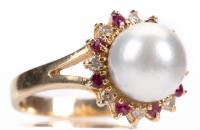 Ladies Colorful Dinner Ring in 14K Yellow Gold with a Lustrous South Sea Pearl Surrounded by a Halo of Rubies and Diamonds